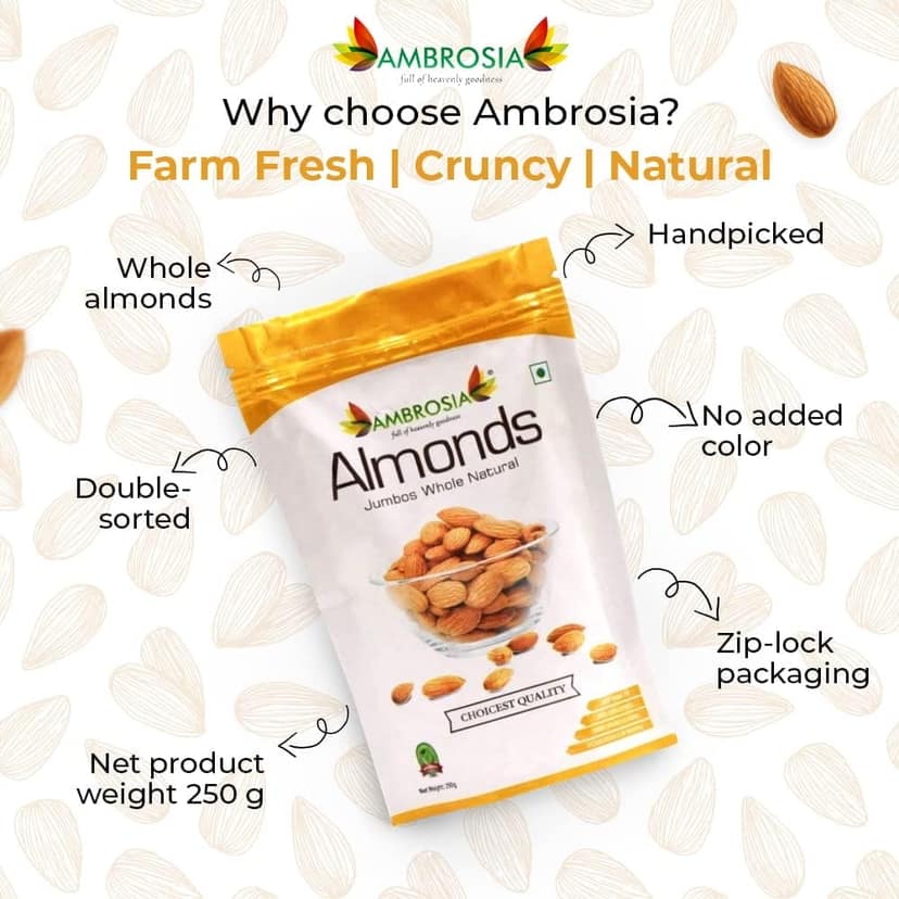 Ambrosia Jumbo California Almonds Sanora 250g (Pack of 1) view 3
