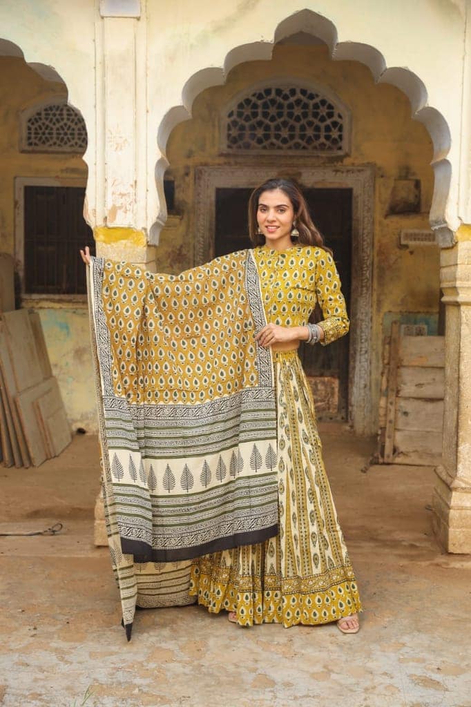 Handblock Printed Cotton Lehanga And Top With Mulmul Dupatta (Size: 34-46) Yellow Color-7540 view 4