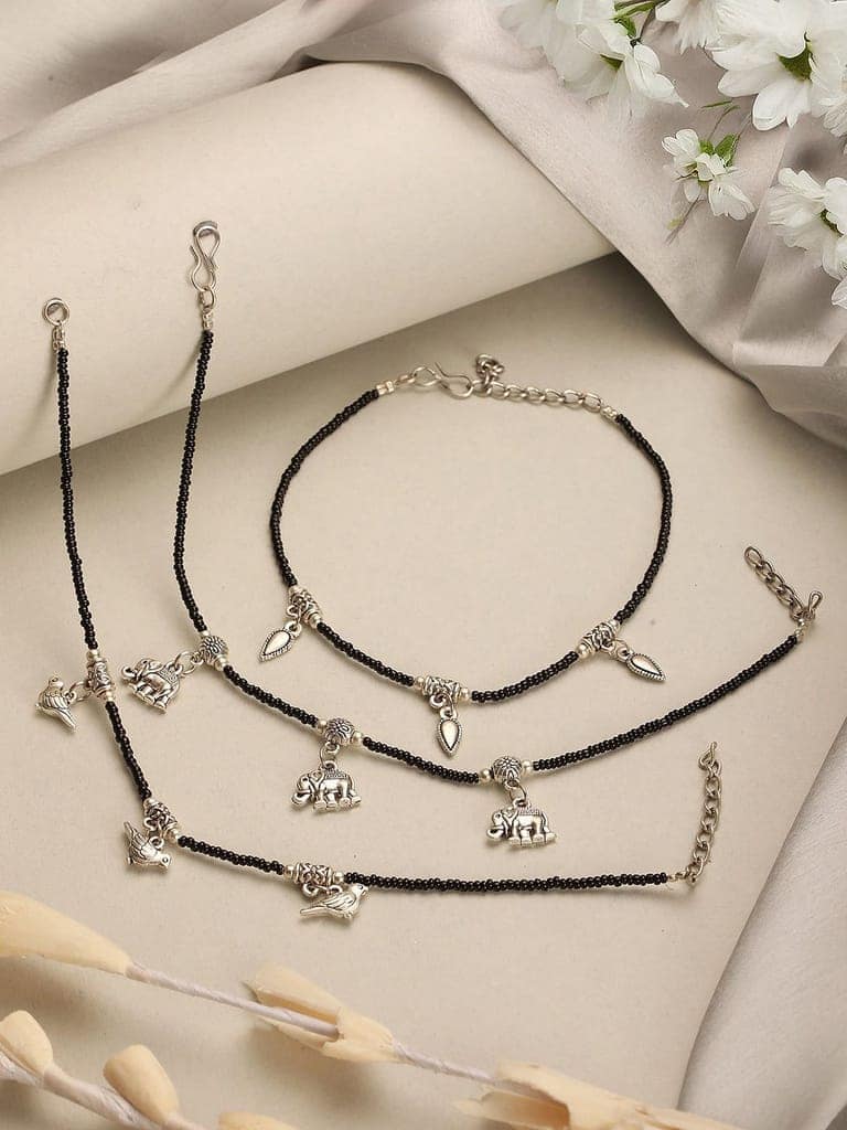 Combo of 3 Black Beads Minimal Thread Bird Elephant leaf Motif Anklet Payal