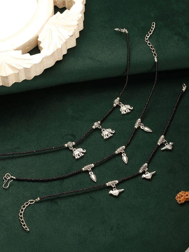 Combo of 3 Black Beads Minimal Thread Bird Elephant leaf Motif Anklet Payal view 2