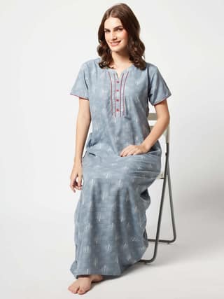 Zeyo Women Micro Polyester Light Blue Leaf Print Nighty