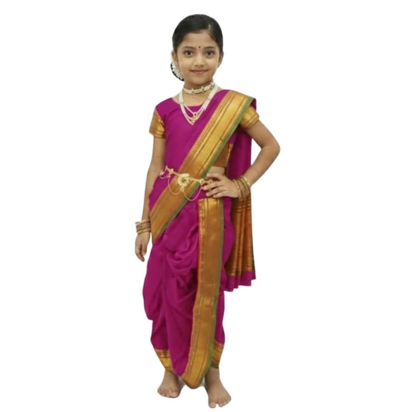 Mom and Me Peshwai Nauwari Saree for Kids (1–10 Years) Ready to Wear Maharashtrian Traditional Dress | Belgaon Silk with Cotton Lining | Stitched Blouse Included (Purple, 2-3 Years)