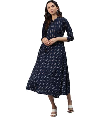 HIGHLIGHT FASHION EXPORT Women Cotton Fit & Flare Dress ( Navy )
