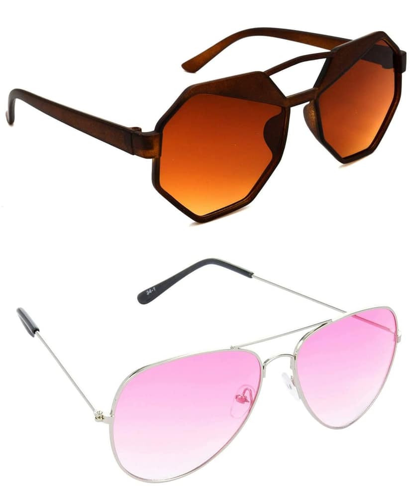 HRINKAR Unisex Round Sunglasses Brown & Silver Frame, Brown & Pink Lens (Medium) - Pack of 2