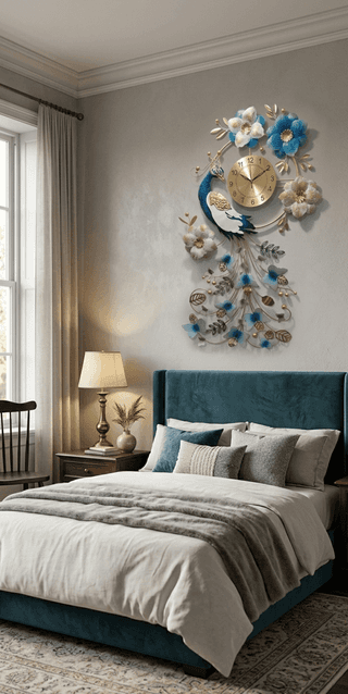 Peacock Wall Art with Clock for Living Room | Floral Decorative Wall Hanging