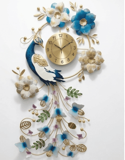 Peacock Wall Art with Clock for Living Room | Floral Decorative Wall Hanging view 2