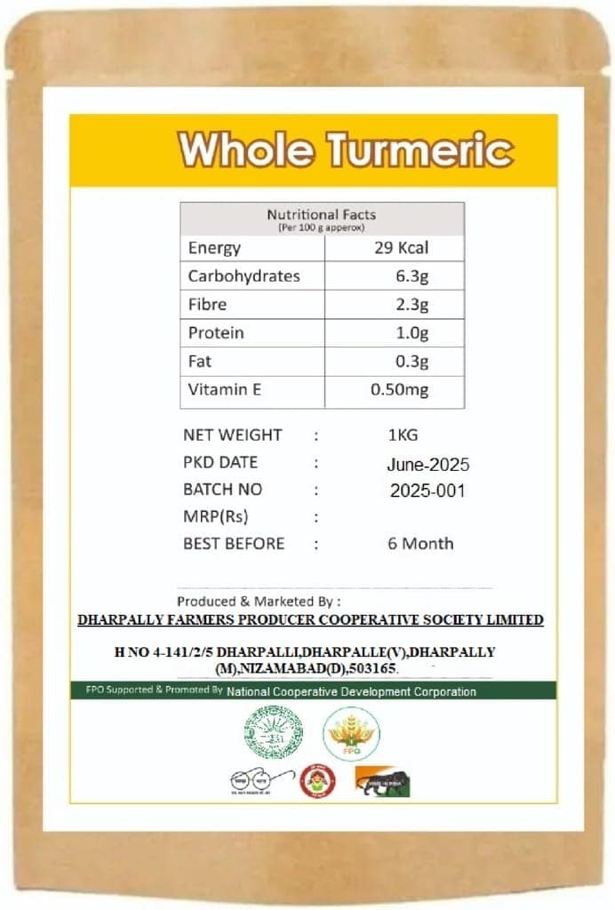 DHARPALLY FPO Premium 100% Natural Whole Turmeric Roots/Haldi - 1 KG view 2