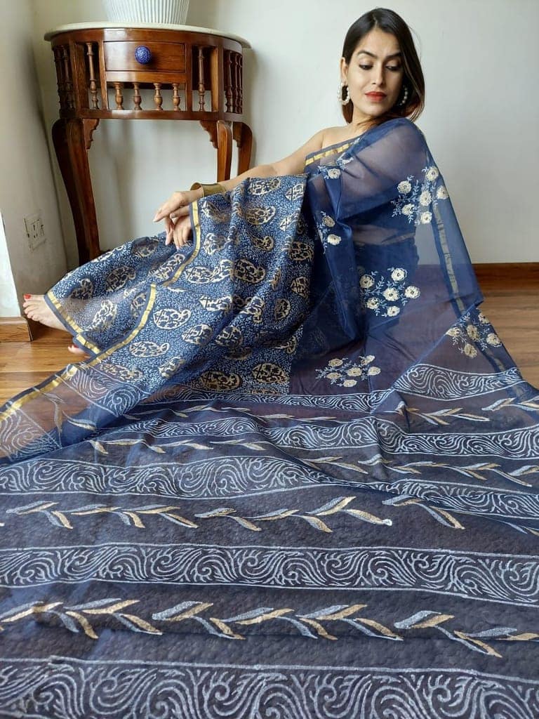 Hand Painted Organza Saree Dark Blue Colour with touch of gold print in vibrant Indian colours and matching running Blouse-9699 view 2