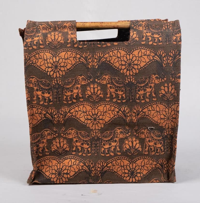 Elephant Print Jute Tote Bag with Wooden Handles