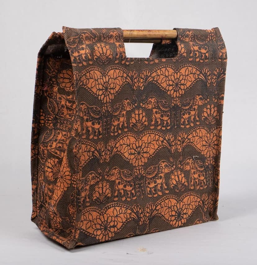 Elephant Print Jute Tote Bag with Wooden Handles view 2