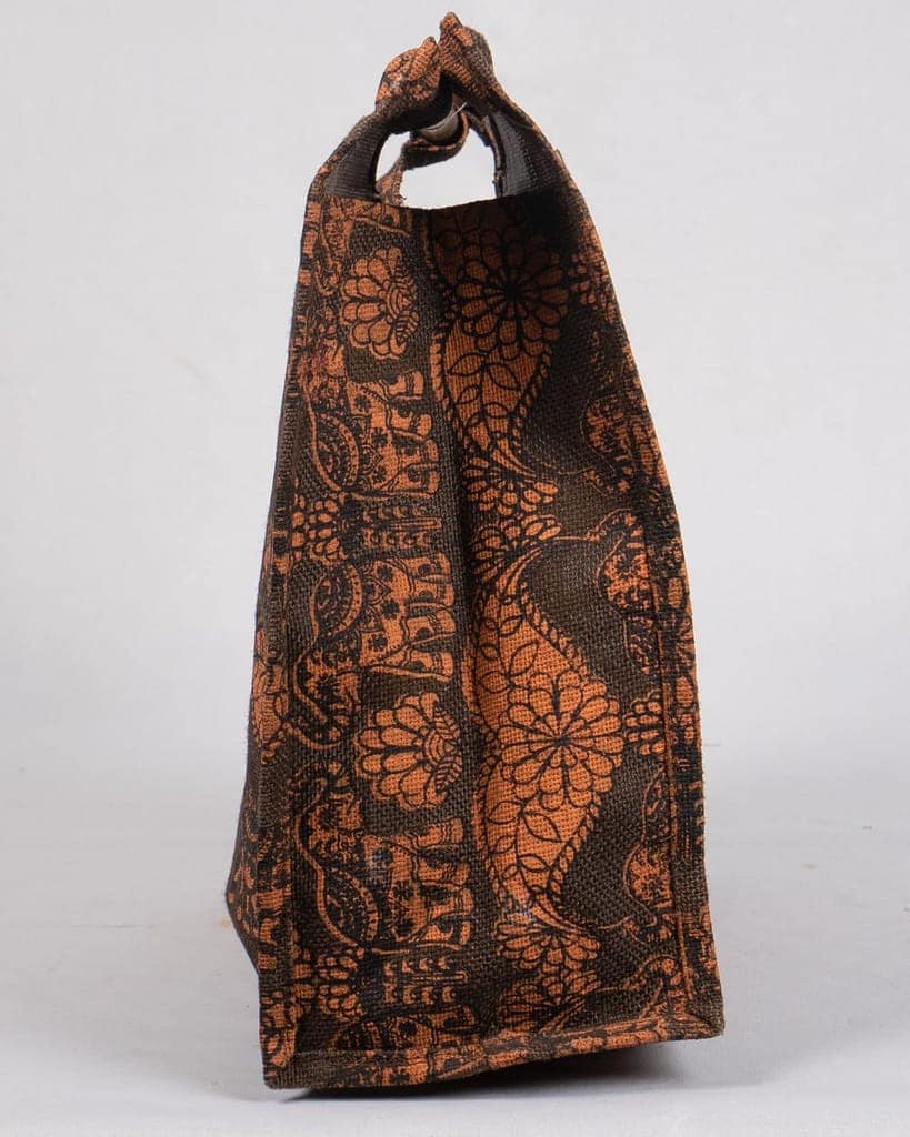 Elephant Print Jute Tote Bag with Wooden Handles view 3