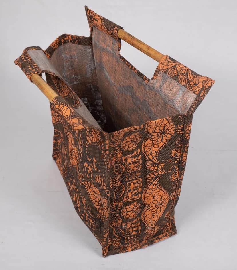 Elephant Print Jute Tote Bag with Wooden Handles view 4