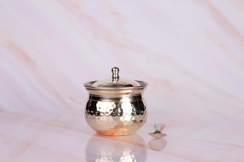 Aatm Pure Brass Ghee Pot with Lid and Embossed Spoon - 3 x 3.4 Inch - Traditional Brass Jar for Ghee, Oil and Pickle Storage view 2