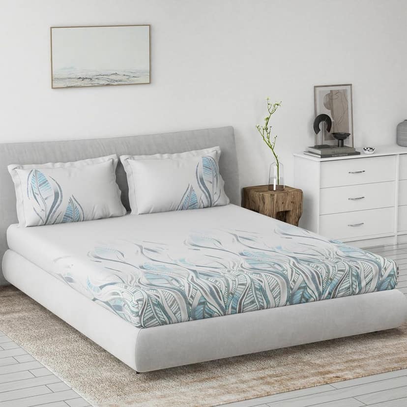 DDECOR - Primary Collection 100% Cotton Leaves Pattern 145TC King Fitted Sheet|180 CM X 198 CM| - Blue