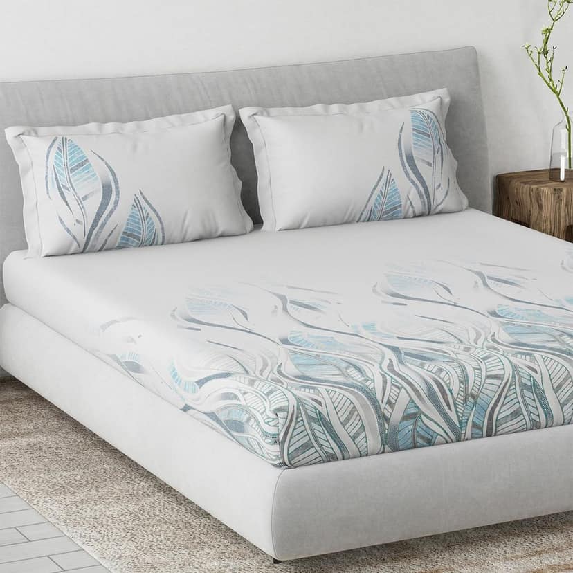 DDECOR - Primary Collection 100% Cotton Leaves Pattern 145TC King Fitted Sheet|180 CM X 198 CM| - Blue view 2