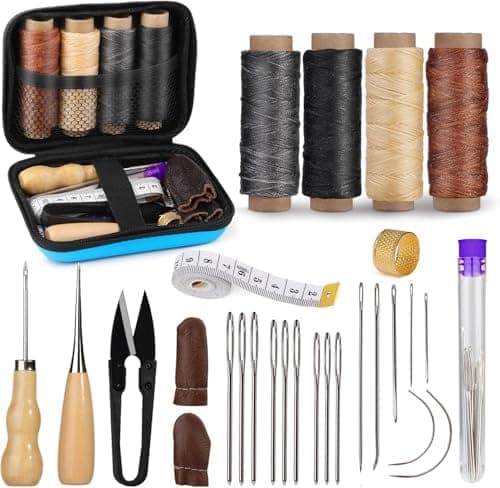 BACHUDO Portable Leather Sewing Kit | 27 pcs Leathr Working Tools,Leather Stitching Kit with Waxed Thread,Sewing Needles for Carpet,Shoes, Sofa Repair | Goods Making Hand Sewing Tools(1, Blue Color view 2