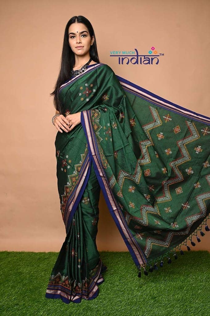 Traditional Khun Saree - Cotton Resham Authentic Handwoven, Bottle Green Weave with Kashida work - Blue Border view 2