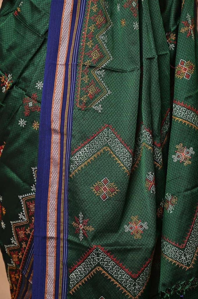 Traditional Khun Saree - Cotton Resham Authentic Handwoven, Bottle Green Weave with Kashida work - Blue Border view 3