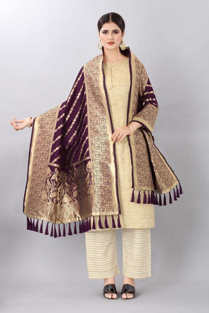 Women Burgandy &amp; Gold Coloured Striped Dupatta