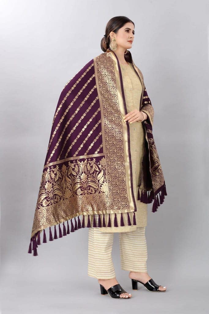 Women Burgandy &amp; Gold Coloured Striped Dupatta view 2