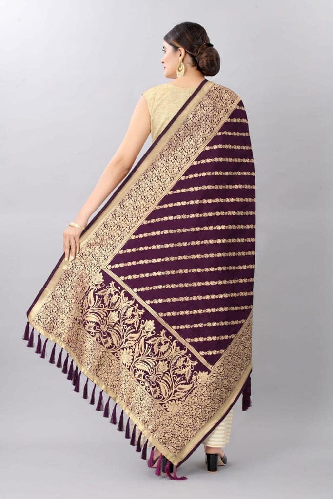 Women Burgandy &amp; Gold Coloured Striped Dupatta view 3
