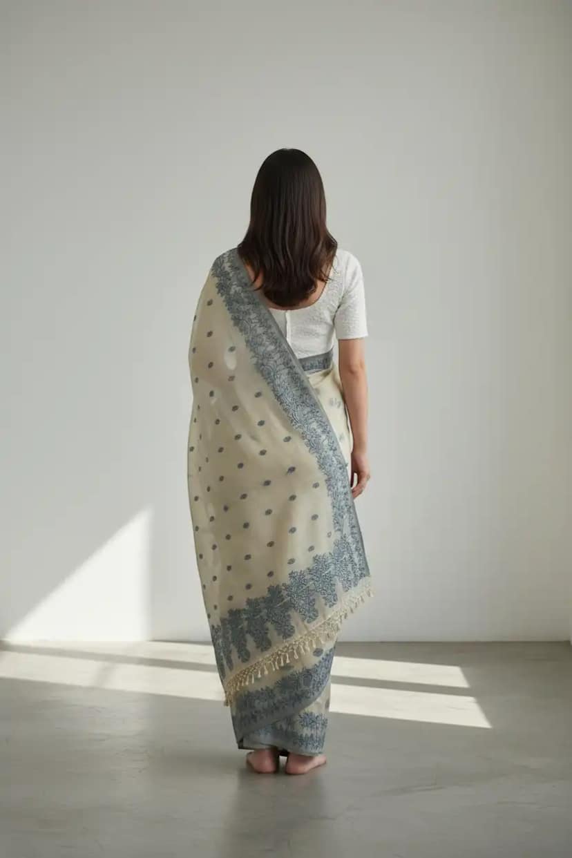 Sambalpuri Baandha Ikat Cotton Saree in Beige and Teal view 2