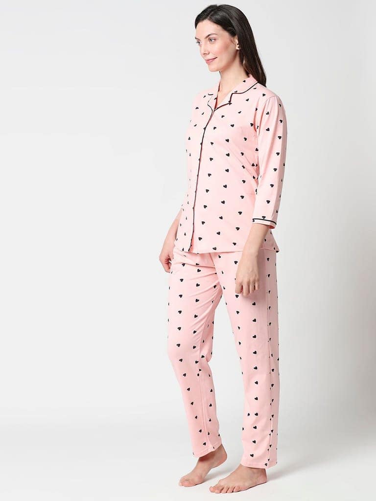 Zeyo Women Green Heart print Stylish Night suit set view 3
