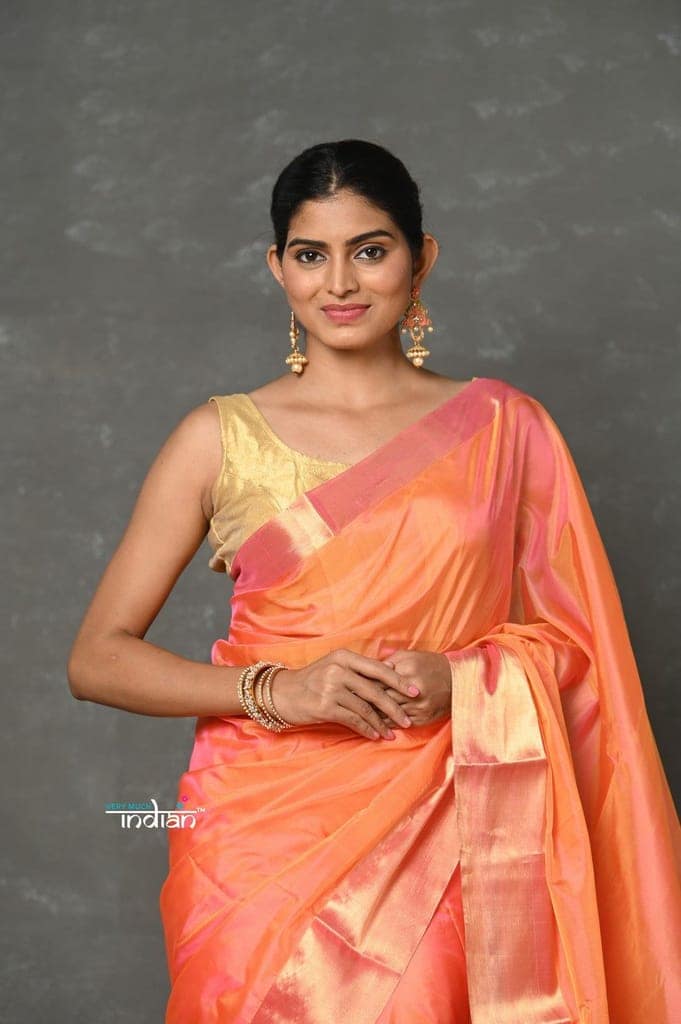 Tyohaar ~ Handloom Pure Chanderi Cotton Silk Saree With Golden Border - Peach view 4