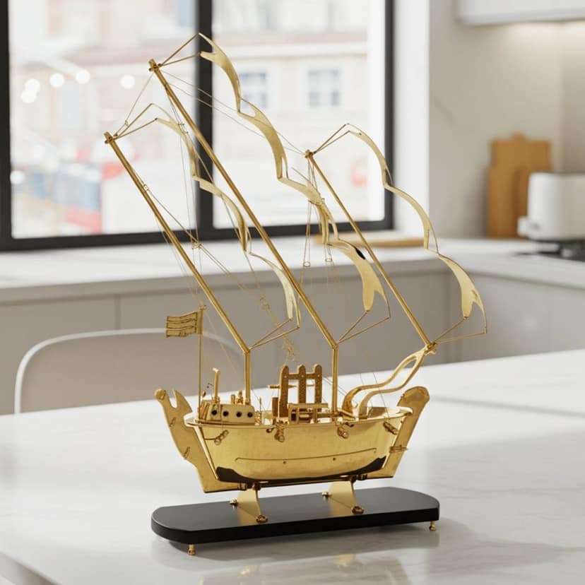 Large Brass Ship Model with Heavy Wooden Base � Luxury Home Decor, Height : 43 Inch (MRMAS128 E)