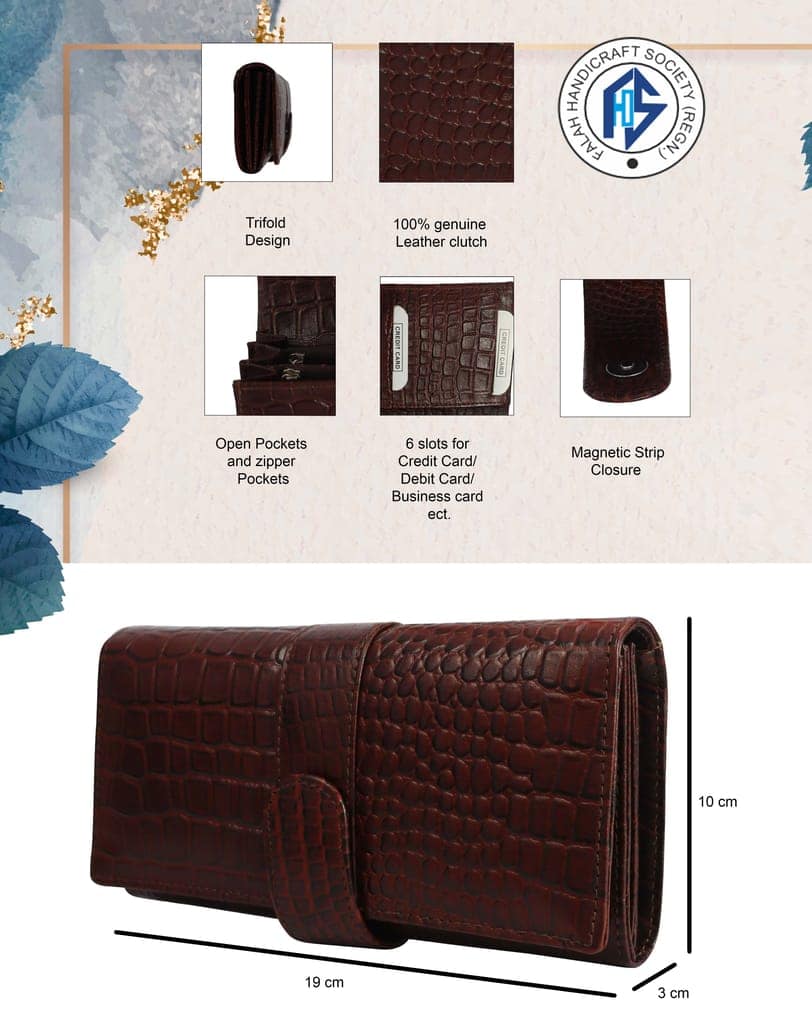 Genuine Leather Croco Style Causal Tan Clutch for women view 7