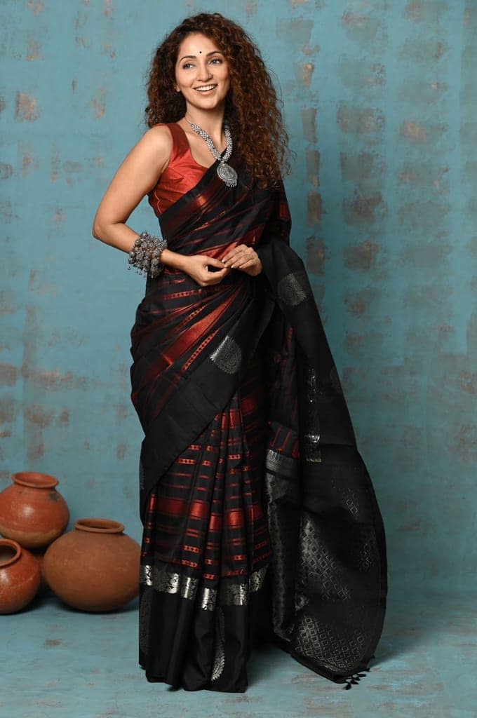 Anokhi ~ Handloom Pure Silk Designer Saree ~ Black and Red Designer (Limited Edition) view 3