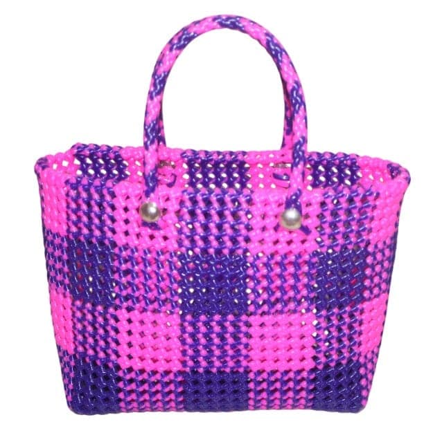 Pink and Purple Checkered Woven Tote Bag