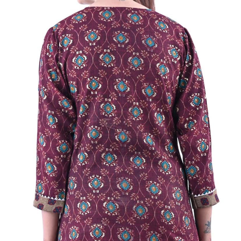 Women's Rayon Cotton Mix Fabric Block Printing and Zari Work Kurti Pant Set Color Maroon view 6