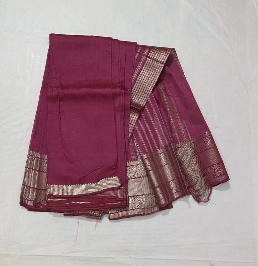 Wine Red Pure Handloom Cotton Saree With Blouse Piece