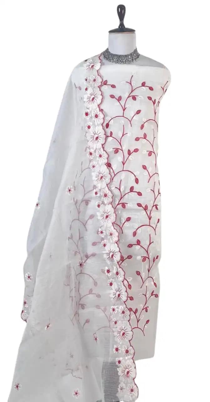 Kota Doria Dress Material Crimson Red Floral Vine