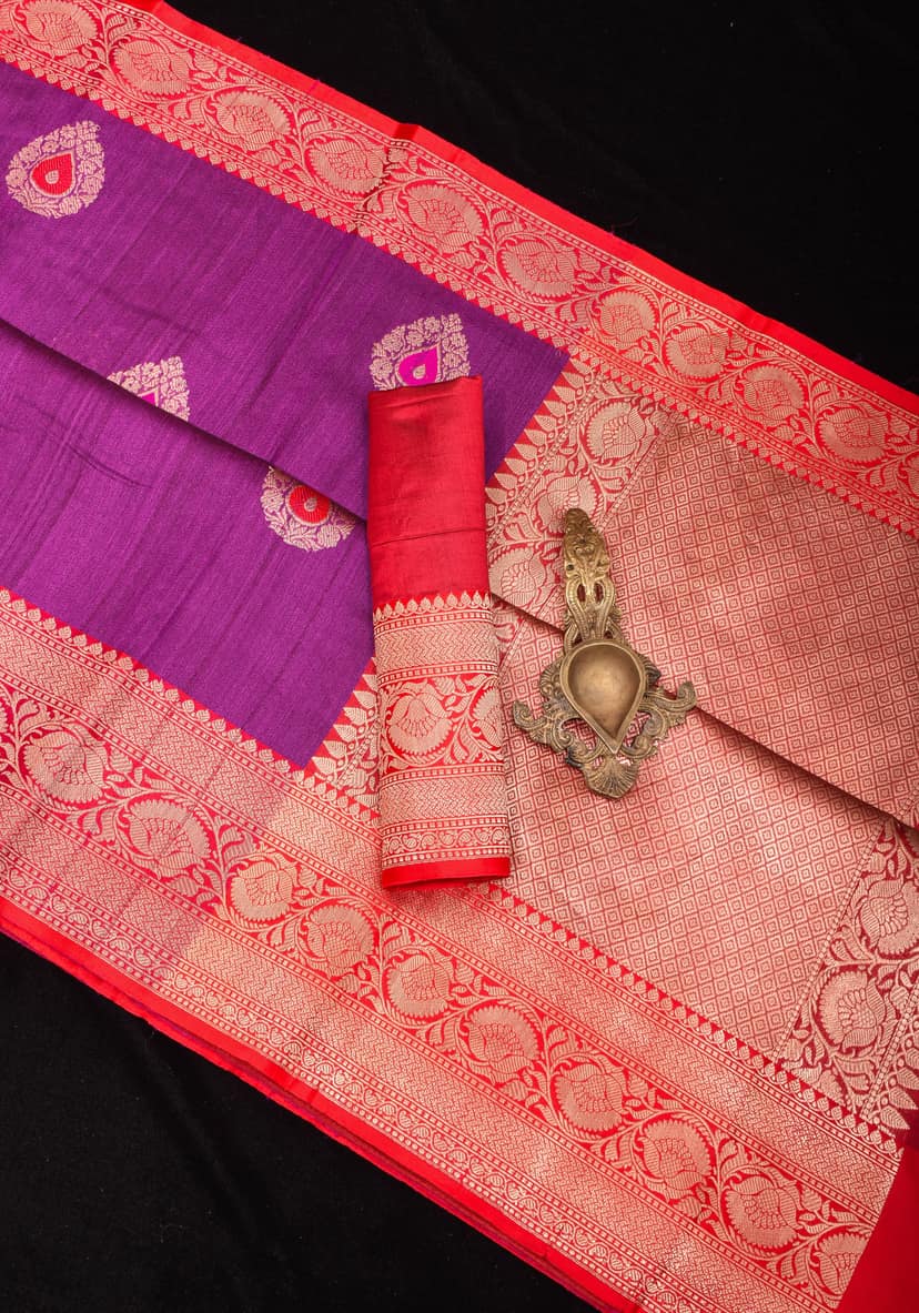 Purple Banarasi Tussar Silk Saree with Gold Tone Zari and Contrast Red Zari borders | SILK MARK CERTIFIED view 2
