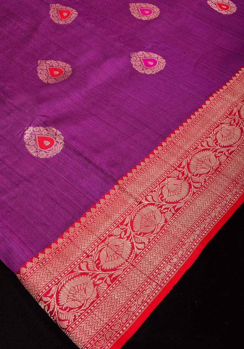 Purple Banarasi Tussar Silk Saree with Gold Tone Zari and Contrast Red Zari borders | SILK MARK CERTIFIED view 3