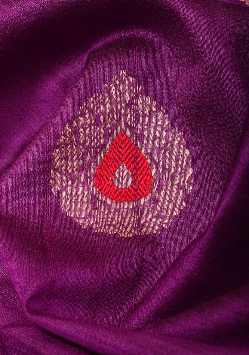 Purple Banarasi Tussar Silk Saree with Gold Tone Zari and Contrast Red Zari borders | SILK MARK CERTIFIED view 4