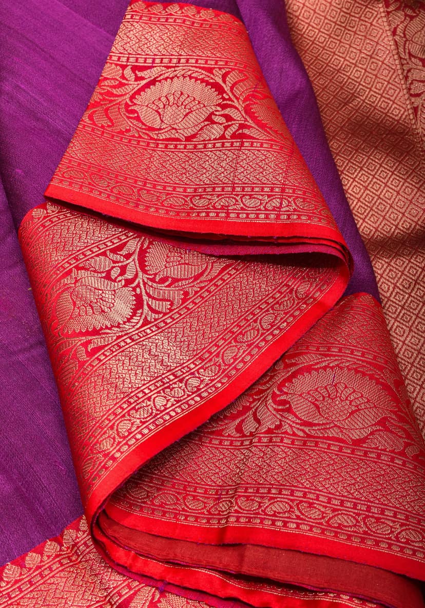 Purple Banarasi Tussar Silk Saree with Gold Tone Zari and Contrast Red Zari borders | SILK MARK CERTIFIED view 5