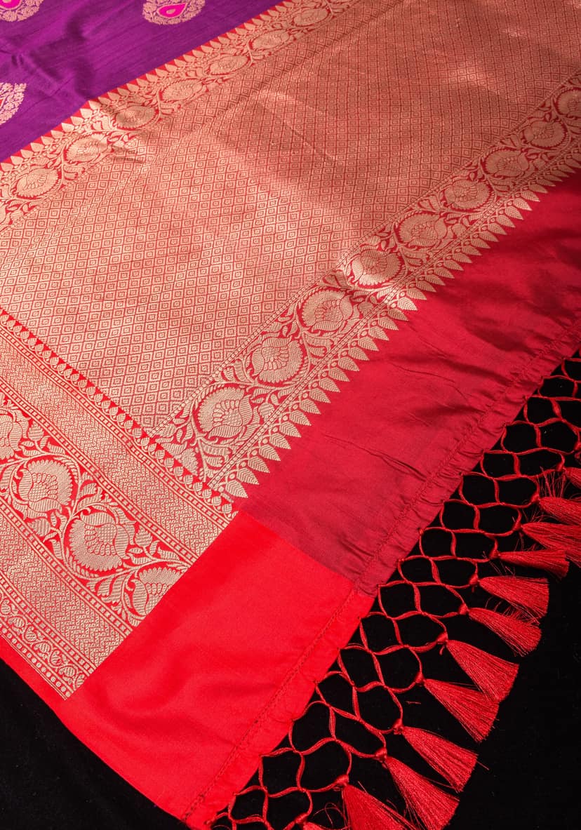 Purple Banarasi Tussar Silk Saree with Gold Tone Zari and Contrast Red Zari borders | SILK MARK CERTIFIED view 6