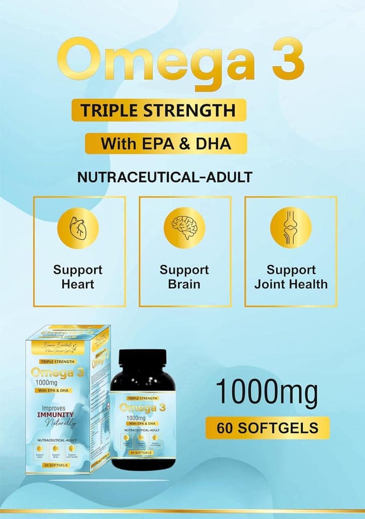 Triple Strength Omega 3 Fish Oil Supplement, 1000mg with EPA & DHA, 60 Softgels, Immunity Support view 2
