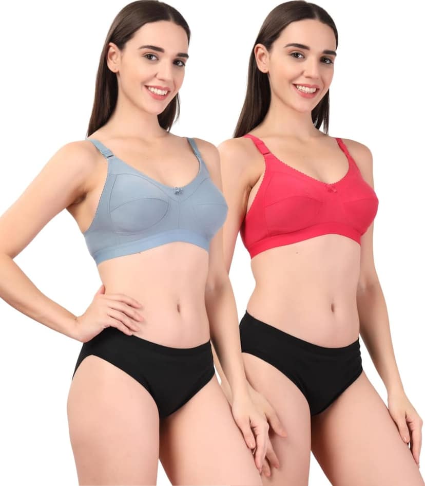 ADORNSTAR Women�s Cotton Bra and Panty Set � Soft, Skin-Friendly, Non-Padded, Wire-Free Lingerie Combo | Comfortable Innerwear (Pack of 2)