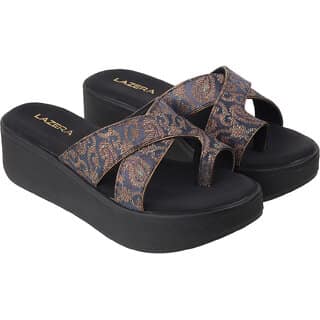 Lazera Black Wedge Heel Sandals for Women Brocade Toe Loop Platform Style