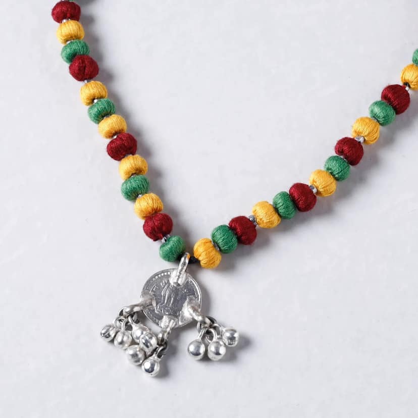 Multicolor Lambani Thread & Bead Work Coin Pendant Necklace view 3