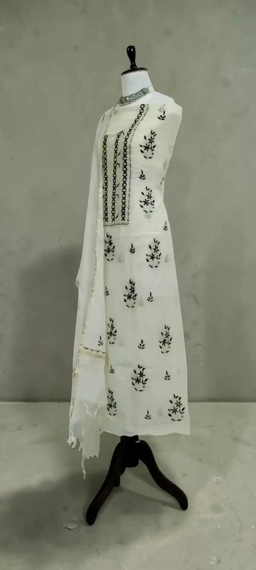 White Chikankari Mul Cotton Dress Material with Dupatta view 2
