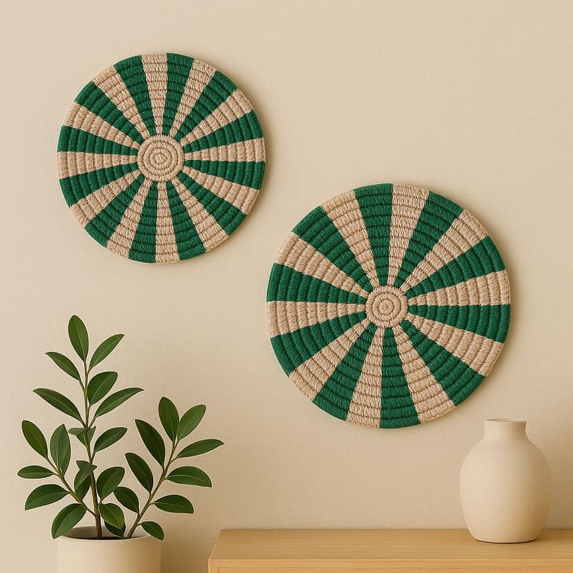 Handwoven Green & Beige Round Decorative Coaster