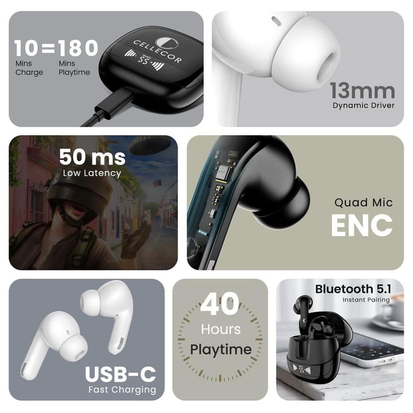 Cellecor BroPods C107 GLOSS TWS with 40H Playtime, ENC, 5.1v BT, 50ms Low Latency Gaming Bluetooth- White view 8