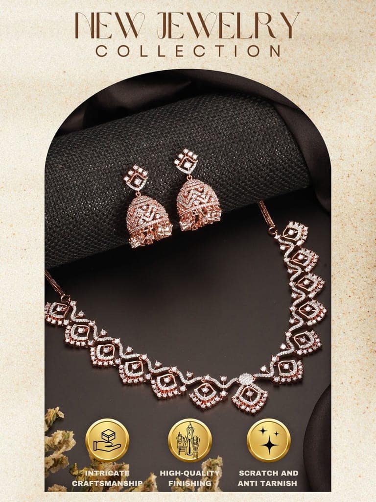Rose Gold AD Studded Statement Designer With Classic Jhumka Earrings Necklace Jewellery Set view 10