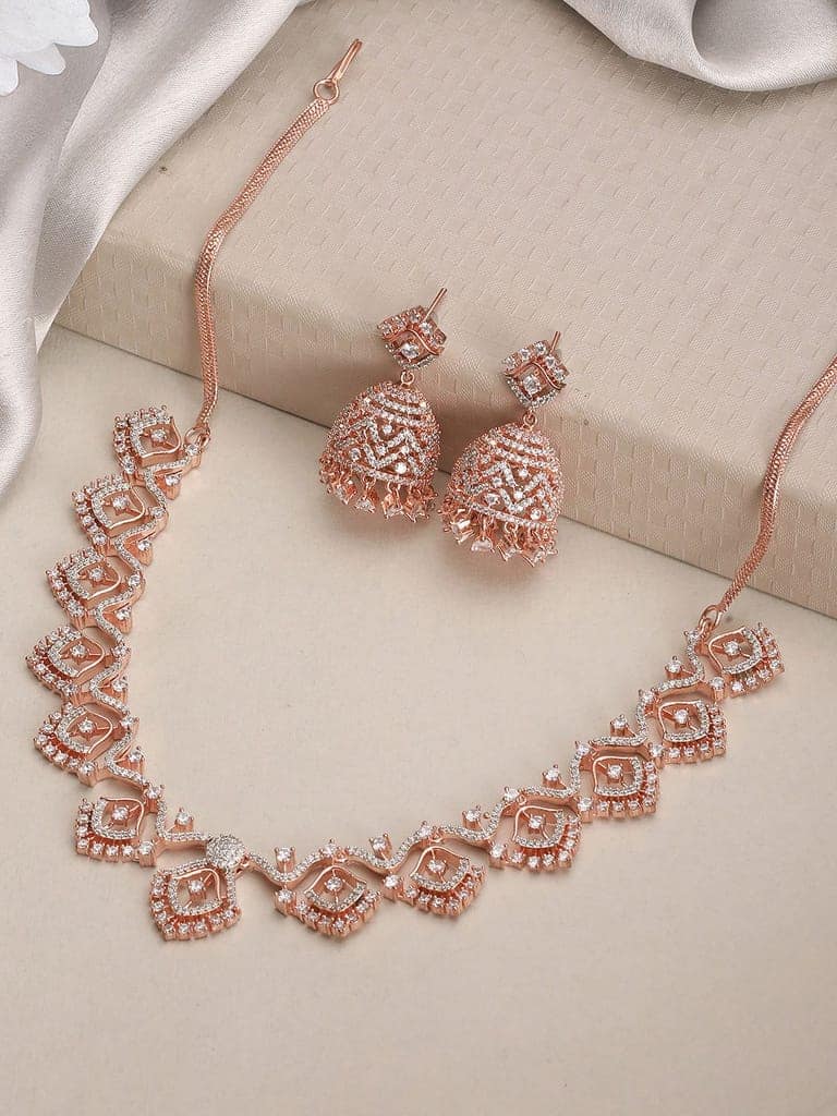Rose Gold AD Studded Statement Designer With Classic Jhumka Earrings Necklace Jewellery Set view 4