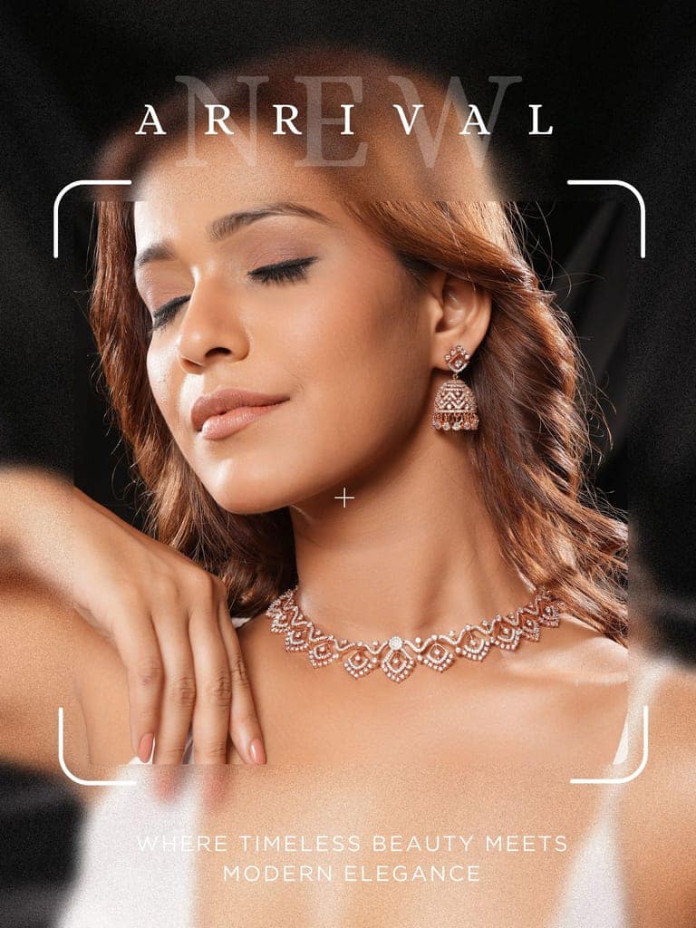 Rose Gold AD Studded Statement Designer With Classic Jhumka Earrings Necklace Jewellery Set view 5